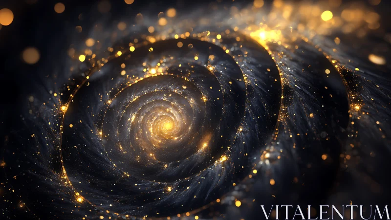 Golden spiral galaxy with glowing dust in deep space.