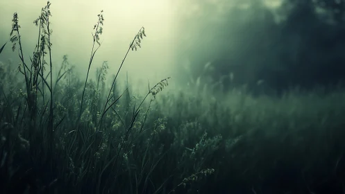 Misty morning meadow with tall grass in soft, dreamy light.