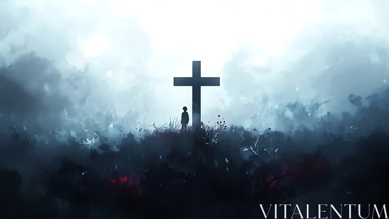 Solitary mourner beneath a towering cross in misted dusk.