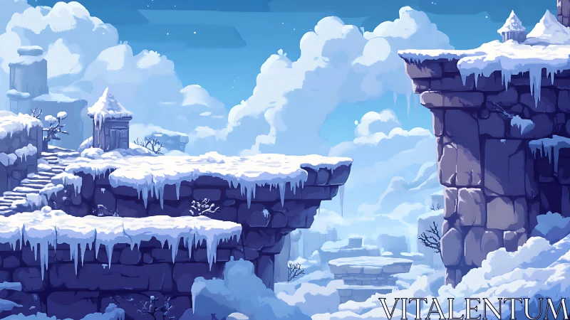 Snowy cliffside platform in stylized winter mountains.