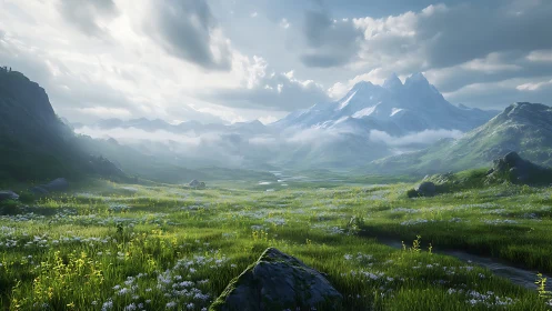 Sunlit alpine meadow recedes toward atmospheric mountain range