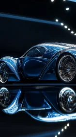 Streamlined cobalt concept coupé under neon tunnel light.