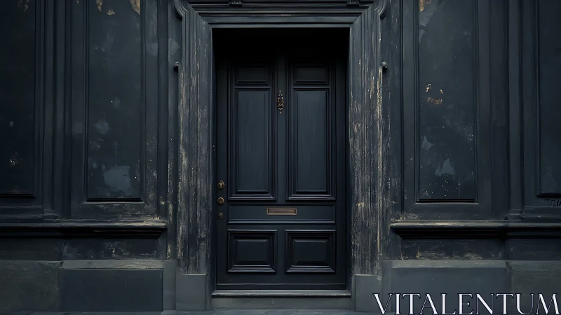 Dark wooden townhouse door framed by weathered facade