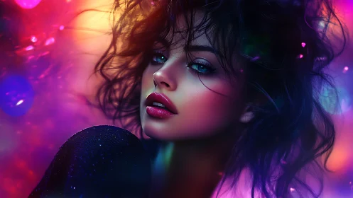 Neon-lit portrait captures a dreamy woman in electric color haze