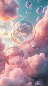 Iridescent glass bubbles drift through pastel cloud sky.