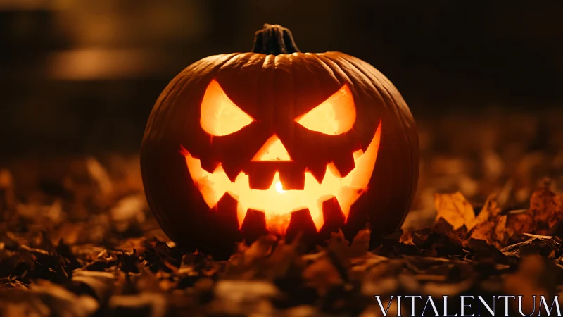 Photorealistic jack-o-lantern on autumn leaf-strewn ground.