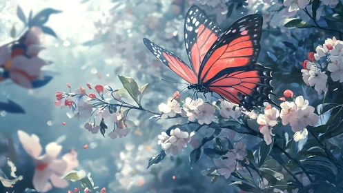 High-detail monarch butterfly on backlit blossoms in soft bokeh field