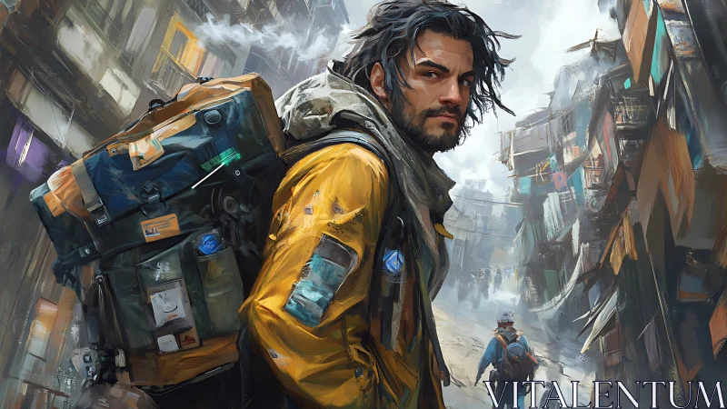 Wanderer in yellow jacket strides through smoky street labyrinth.