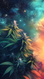 Cannabis plants rendered beneath a stylized nebula sky