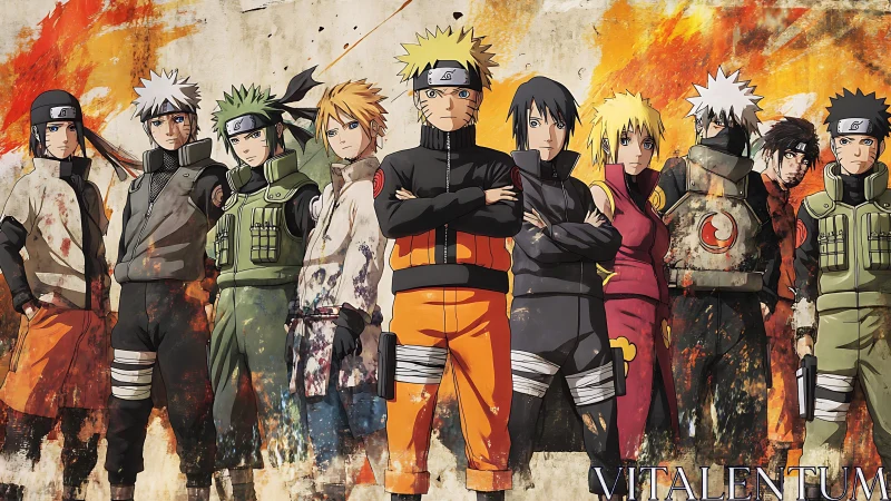 Bold ninja team stands united in front of fiery artwork