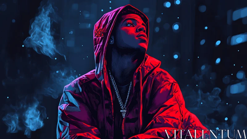 Hooded figure looks upward in neon blue and red city lighting