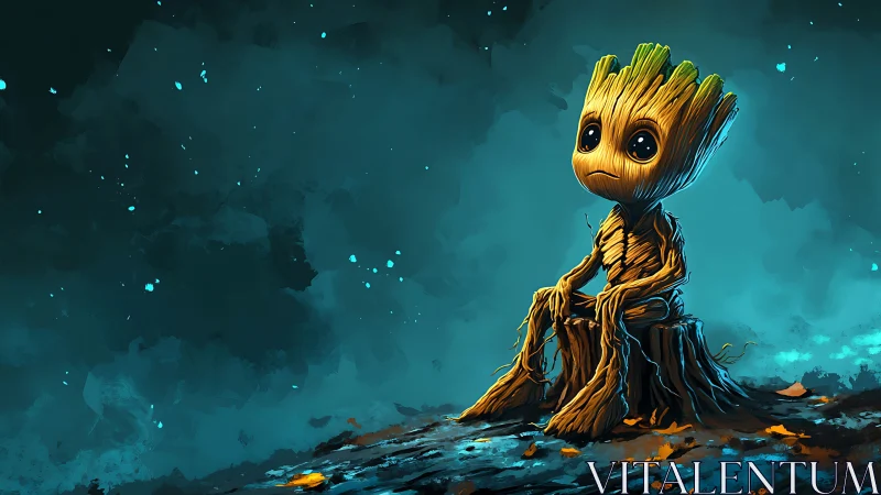 Melancholic stylized tree-creature seated on stump, teal glow