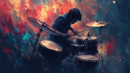 Explosive drummer silhouette pounds drums in blazing color storm