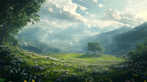 Wildflower valley basking beneath luminous mountain horizons.