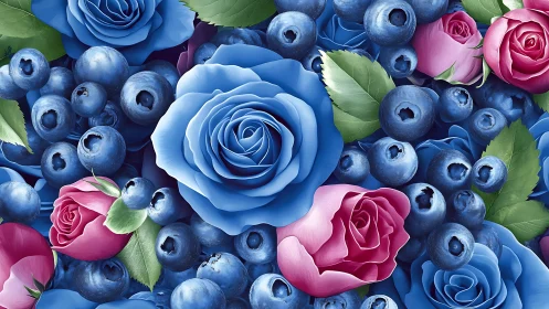 Blue Roses with Blueberries and Pink Florals in Floral Composition.