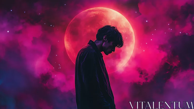 Silhouetted male figure before red moon in pink nebula sky.