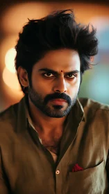 Brooding gaze ignites in cinematic bokeh and warm ember light.