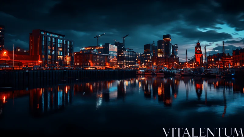Harborfront city skyline under evening clouds with reflections.