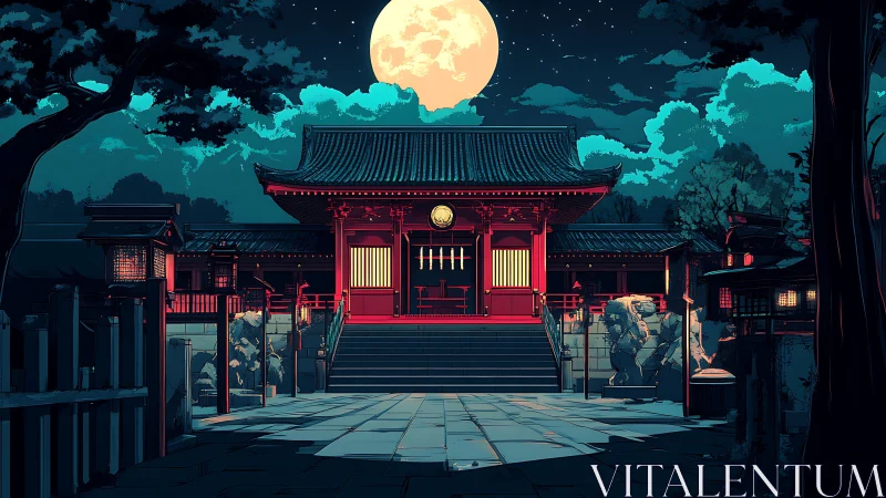 Moonlit traditional temple courtyard under clear night sky.