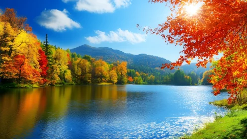 Autumn forest lake under clear sky with distant mountains.