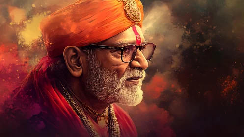 Elderly spiritual man in orange attire viewed in profile