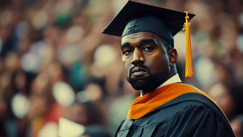 Male graduate in cap and gown in large outdoor ceremony.