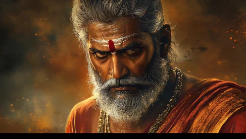 Portrait of elderly sage with tilak and saffron robe.