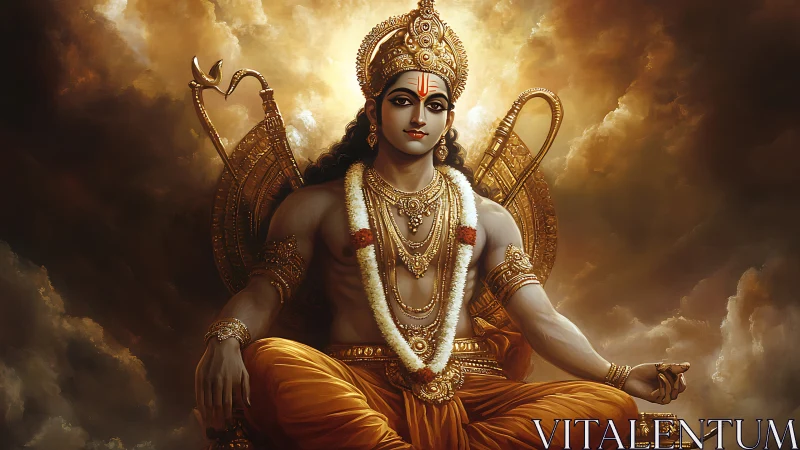 Seated mythological figure with ornate gold ornaments in clouds.