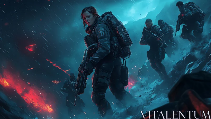 Tactical squad advances through icy battlefield inferno.