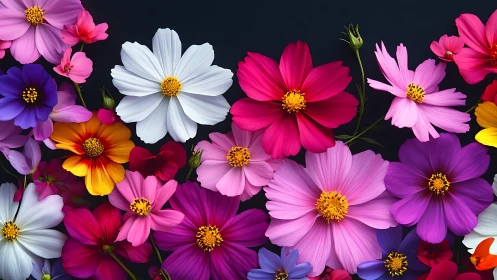 Vibrant Cosmos Flowers Against Dark Background.