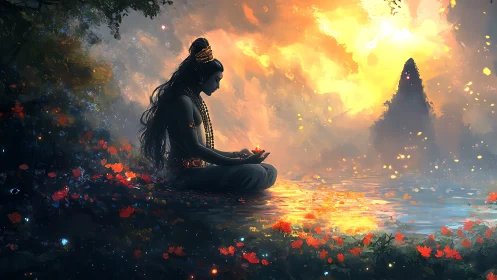 Silhouetted figure meditating beside reflective water at dusk.