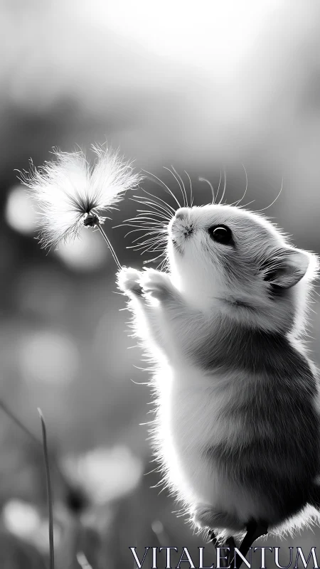 Baby hamster cradles dandelion fluff in dreamy sunlight.