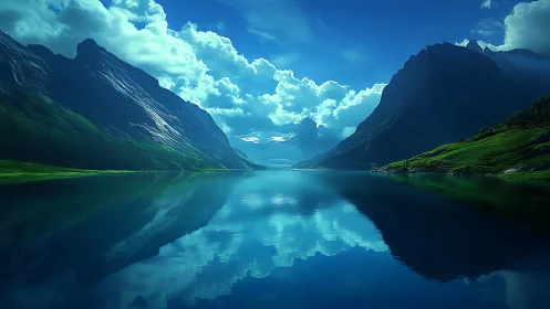 Glacial valley lake mirrored beneath luminous blue skies.