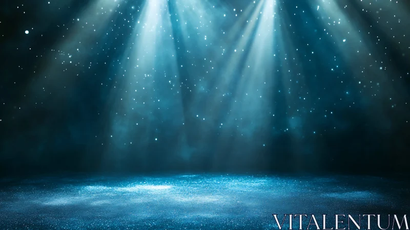 Blue stage floor under ethereal white spotlight beams.