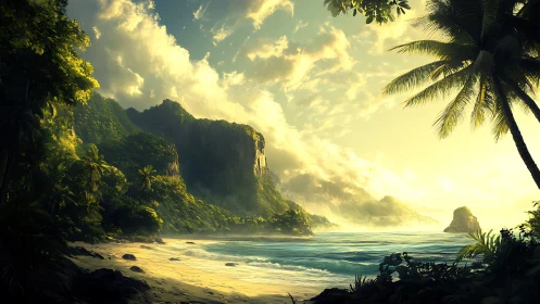Tropical Coastal Landscape with Dramatic Sky