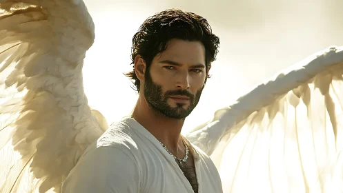 Brooding male angel stands in radiant golden backlight