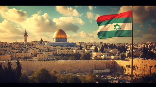 Jerusalem skyline under dramatic sunset with stylized flag.