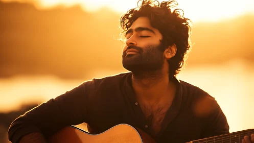 Man with acoustic guitar seated outdoors at sunset period.