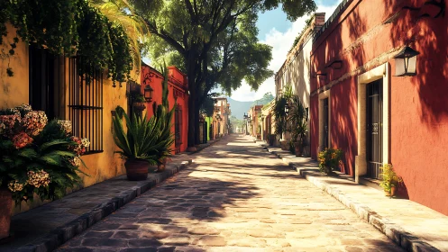 Sunlit cobblestone street with colorful houses and plants.