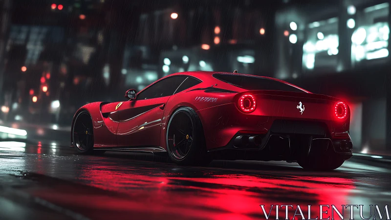 Aerodynamic red supercar under neon-lit nocturnal rainfall.