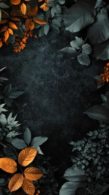 High contrast foliage frame with teal shadows and orange accent leaves