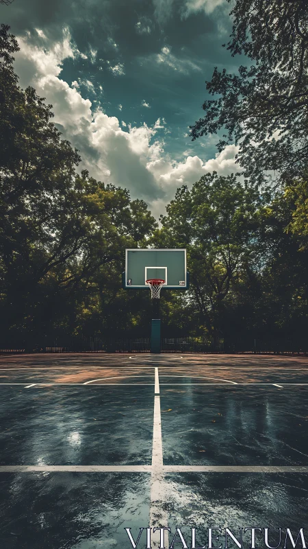 Storm-lit court and lonely hoop under brooding summer sky.