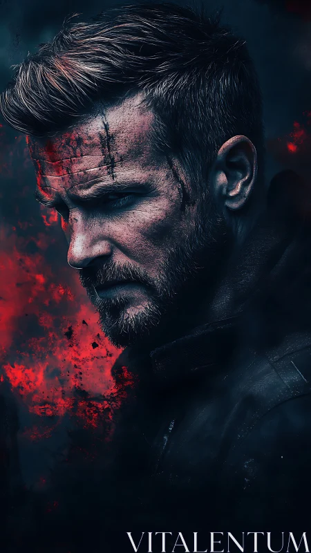 Battle-hardened warrior in dramatic red and blue haze.