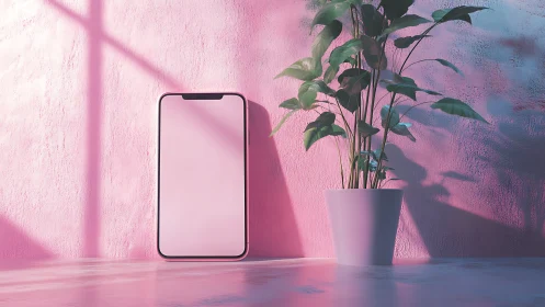 Smartphone and potted plant against pink textured wall.
