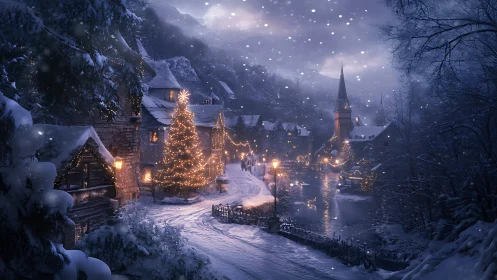 Snowy village glow wrapped in gentle winter night magic.