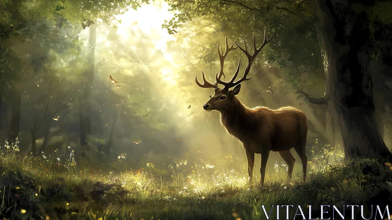 Majestic stag stands in golden forest light beams. Period.