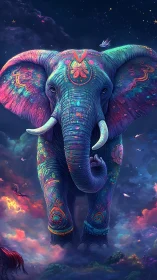 Bioluminescent painted elephant levitates in iridescent nebula