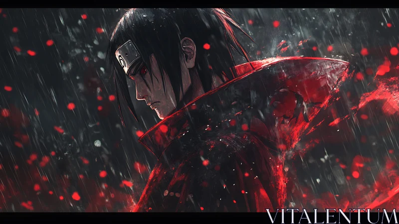 Side profile of cloaked figure in rain with red accents.