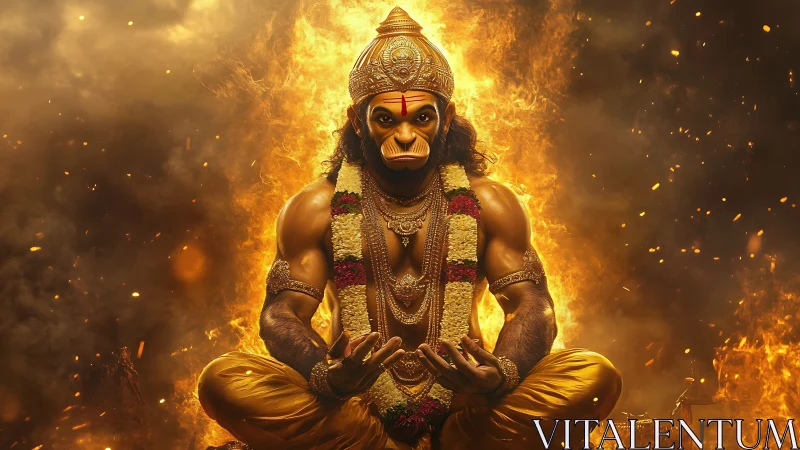 Fire crowned yogi Hanuman holds stillness in molten light