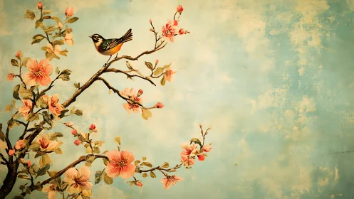Songbird rests on blossoming branch against textured sky